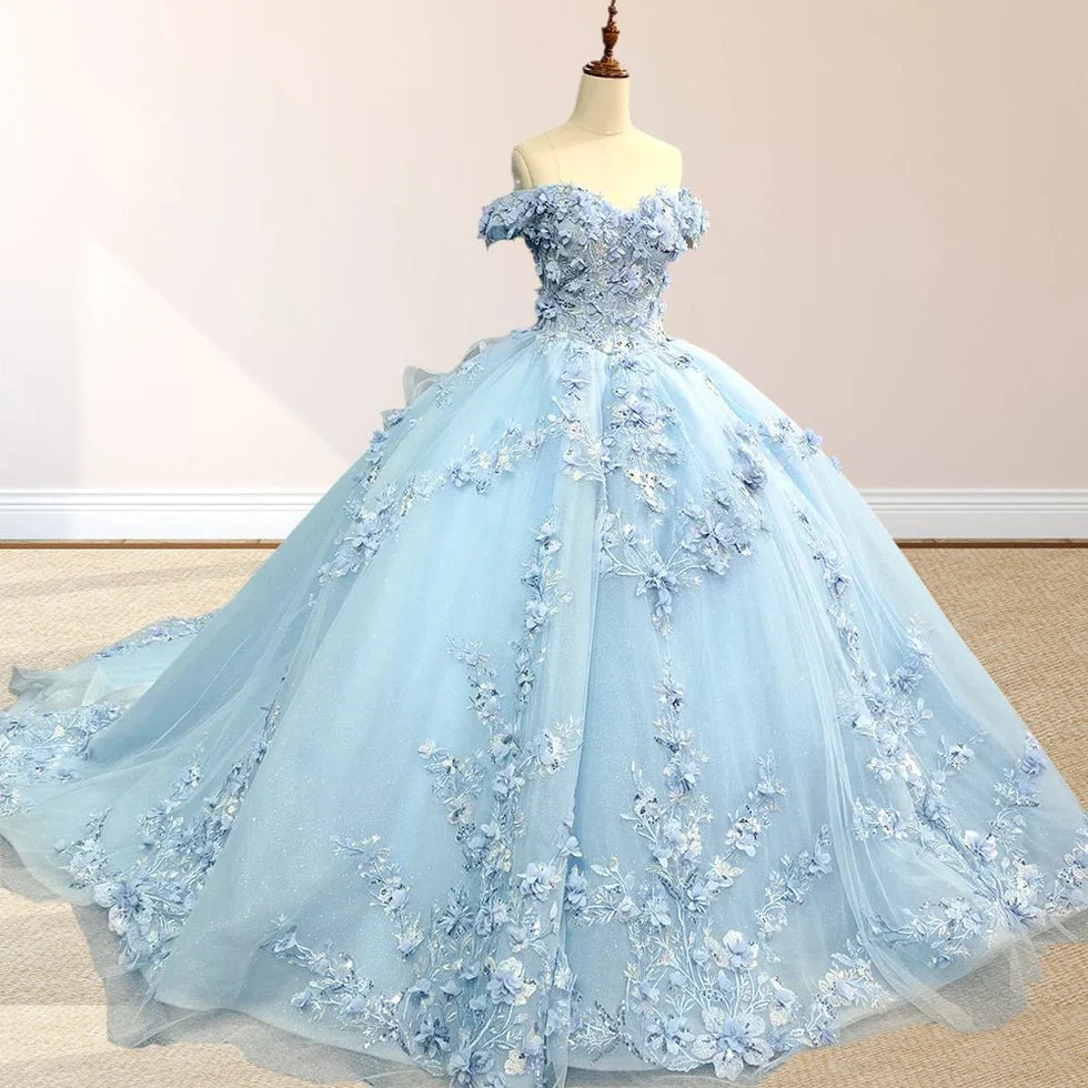Sky Blue Lace Princess Appliqued Sky Blue Lace Princess Appliqued Wedding Dresses